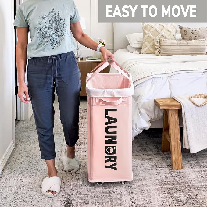 Goodpick 2-Pack Laundry Hamper with Wheels, Dorm Essentials for Girls,75L | Laundry Basket with Wheels, Collapsible Laundry Basket, Rolling Laundry Hamper with Handle for College Dorm,Pink