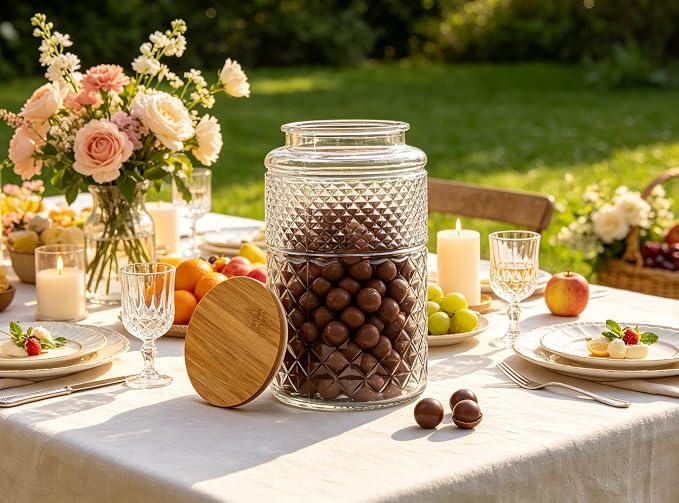 Prettidecor 1 Gallon Large Airtight Glass Storage Jars with Bamboo Lid, Kitchen Pantry Bathroom Laundry Room Organizer Canisters for Flour Rice Sugar Pasta Coffee Bean Cookies Popcorn Bath Salts