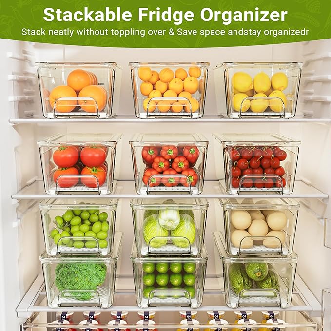Imncya 4 Pack Fridge Organizer Drawers Bins, Clear Stackable Pull Out Refrigerator Drawer Organizer, Fridge Storage Container with Lids for Fruits, Vegetables, Drinks and Food
