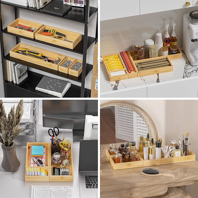 Lixple Bamboo Drawer Organizer – Set of 2 Stackable Storage Boxes, Silverware Tray & Small Gadget Holder for Kitchen Drawers, 9" x 3" x 2" (Outer), 8.3" x 2.3" x 1.77" (Inner)