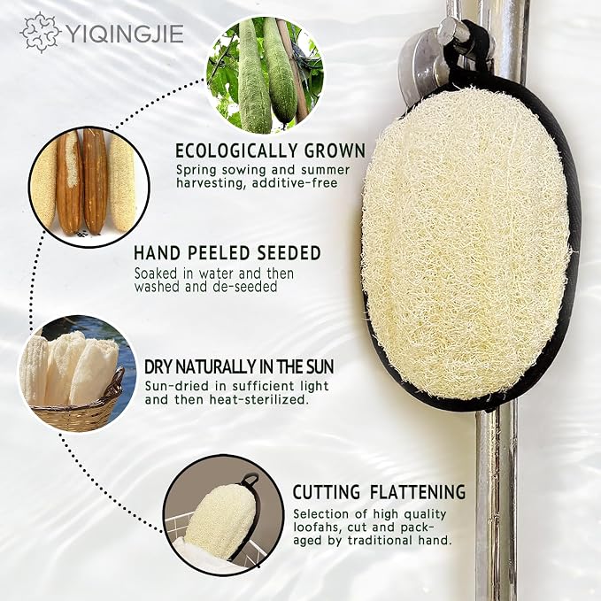 YIQINGJIE Egyptian Loofah Body Scrubber for Men, XL Natural Luffa Sponge for Full-Body Exfoliation, 2 Pack, Black