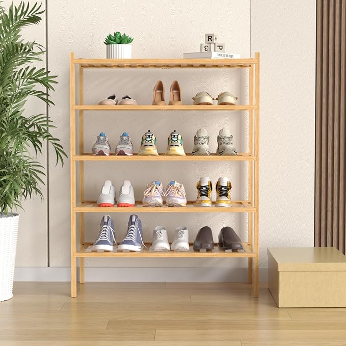ROMGUAR CRAFT 5 Tier Bamboo Shoe Rack for Closet Free Standing Wood Shoe Shelf for Entryway Small Space Stackable 27"x11"x33" (Natural)