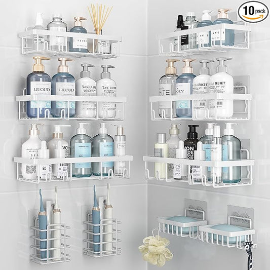Liuoud 10 Pack Shower Caddy Organizer Rack Shelf for Inside Shower, Self Adhesive Wall Storage Basket Rustproof Stainless Steel Shampoo Holder Bathroom Accessory Decor Set, White