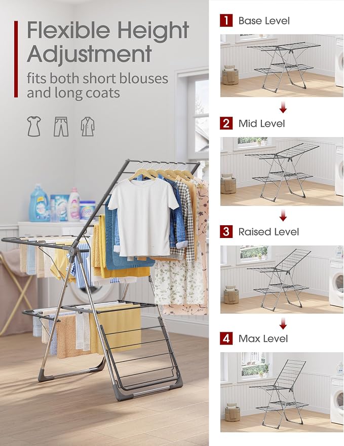 Sakugi Clothes Drying Rack, Foldable 2-Level with 55.5" Adjustable Wings | Laundry Room, Bedroom, Indoor & Outdoor Use, Height Adjustable, Clothing & Bedding, 55.5" L × 22.8" W, Gray