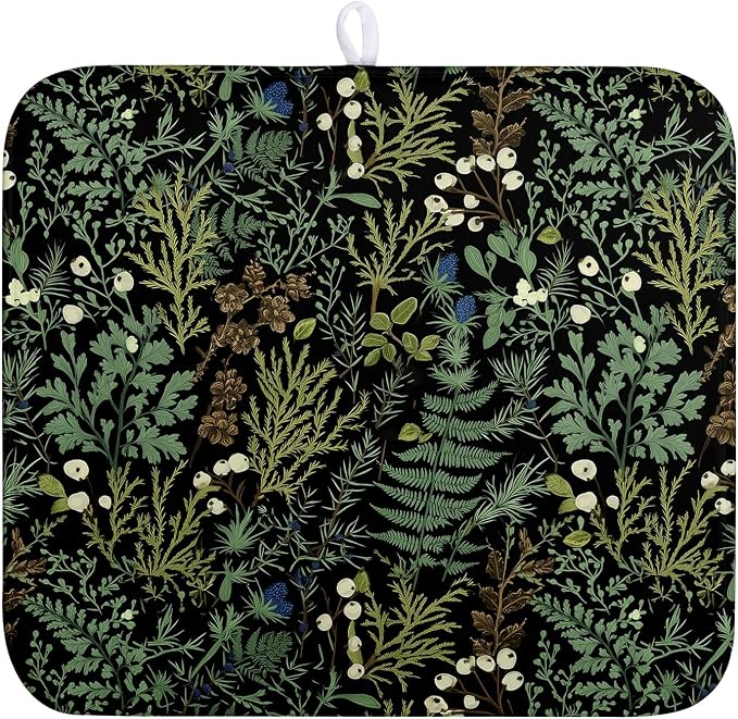 Dish Drying Mat for Kitchen Counter Vintage Green Plant Fern Leaves Floral Drying Mats Absorbent Microfiber Black Dish Drainer Pad Reusable Washable Dish Draining Mats Medium 16x18 Inch