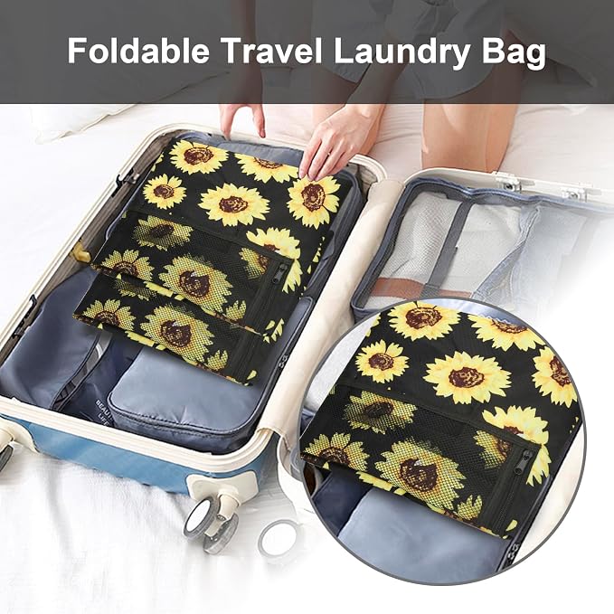 Laundry Bag Backpack Durable Laundry Bag with Shoulder Straps and Mesh Pockets Portable Laundry Hamper Dirty Clothes Bag for College, Travel, Laundromat, Apartment (Sunflower, 2 Pack)