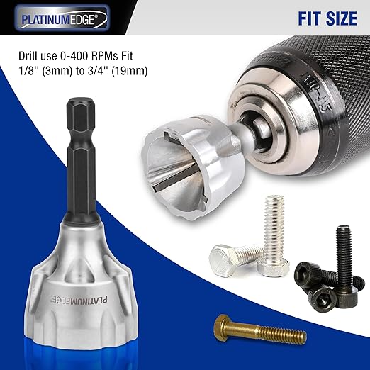 PLATINUMEDGE Deburring External Chamfer Tool with 3 Tungsten Carbide Blades,Quick Release 1/4" Hex Shank, Fits 1/8"-3/4" (3-19mm) – Repair Damaged Bolts, Screws, Threaded Rods & Pipe