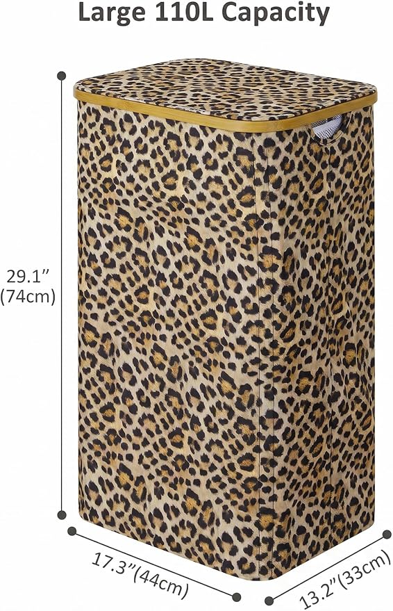 IEGrow Laundry Hamper with Lid,110L Laundry Basket with Bag,Leopard Print | Dirty Clothes Hamper Basket with Bamboo Handle for Clothes Towels Organization