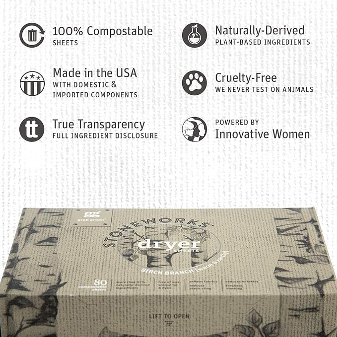 Grab Green Stoneworks Dryer Sheets, 160 Count, Birch Branch, Compostable | Softens fabrics; Reduces Static; Cruelty-free; Plant & Mineral Based; No Harsh Chemicals
