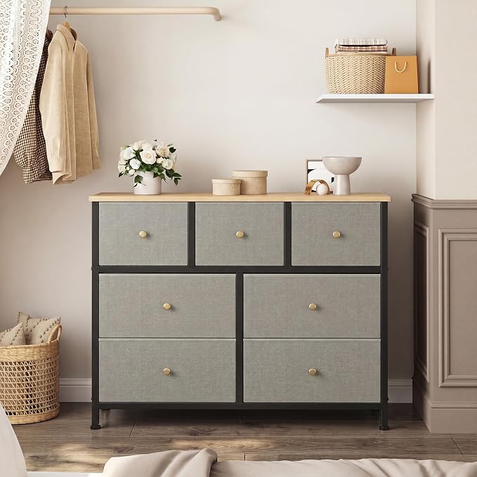OLIXIS 7 Drawer Closet Organizer, Storage Tower with Sturdy Steel Frame | Dresser for Bedroom, Wooden Top & Easy Pull Fabric Bins, Clothes Organization, Living Room Entryway, Dark Green