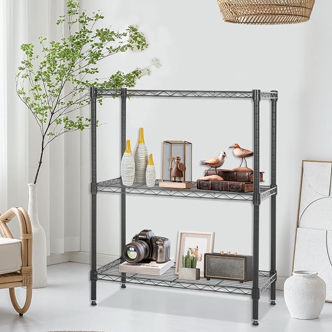 FDW Wire Shelving Units Adjustable Metal Storage Rack 23D x 13W x 30H 3 Tier Pantry Shelves NSF Kitchen Shelf for Kitchen Garage Commercial Small Places,Black