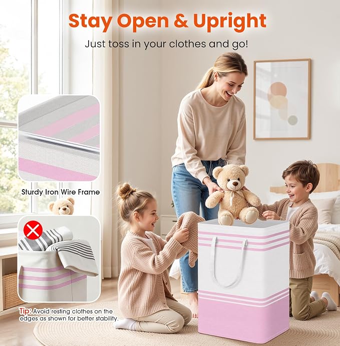 TranquilRelax 3-Pack Laundry Basket, Laundry Hamper, Pink-75L | Freestanding＆Water-Resistant Laundry Hamper, Collapsible Tall Clothes Hamper with Carry Handles for Clothes, Laundry Basket