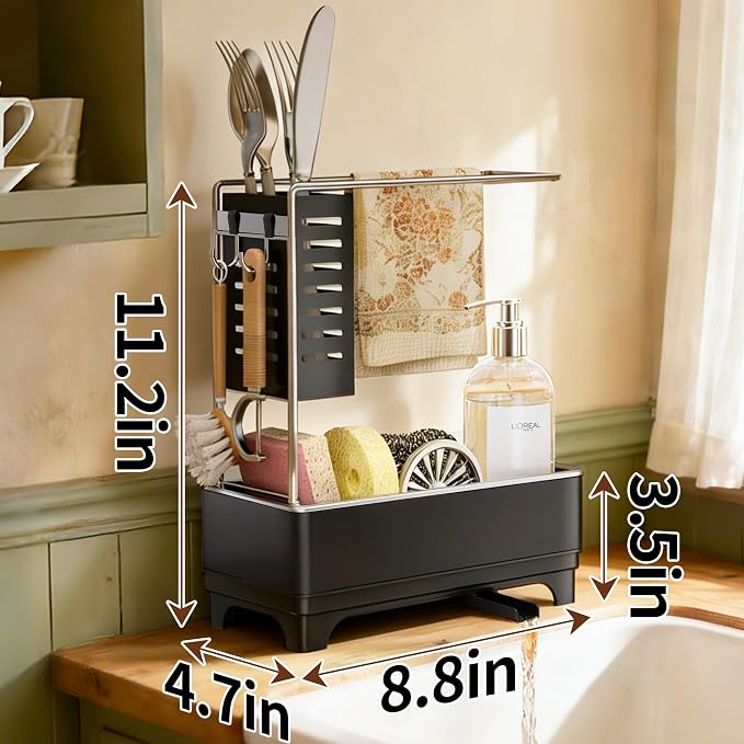MOUKABAL Sponge Holder for Kitchen Sink, 2-Tier Sink Caddy Organizer with Drain Holes and Hooks, Holds Dishcloth, Sponge & Brushes, Kitchen Countertop Storage for New Home Essentials Black