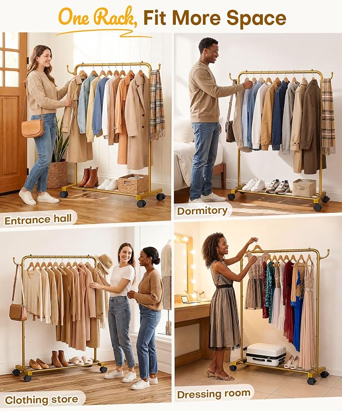 Homde Rolling Clothes Rack with Hooks: Standing Garment Storage for Indoor - Hanging Rod for Bedroom Laundry Room - Coat Dress Organizer on Wheels with luggage shelf (Gold, 31.5")