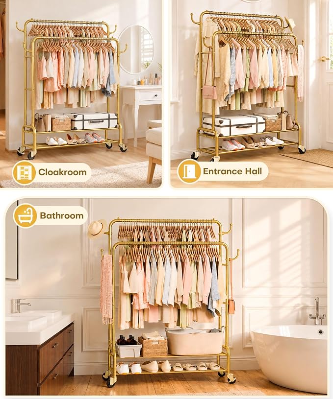 Homde Heavy Duty Clothes Rack: 265lb Rolling Double Rod Garment Hanging - Metal Coat Organizer Storage Display Shelf on Wheels for Bedroom Laundry
