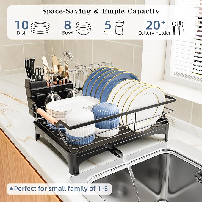 Dish Drying Rack,Space Saving Dish Drainer for Kitchen Counter & Sink,Black | Rustproof,Riser Feet,Wooden Handle,Cup Holder & Knife Slots,Expandable Spout,Auto-Drainage System,Sink Storage Organizer