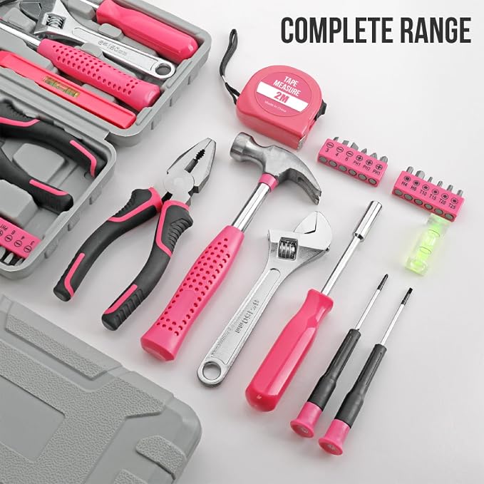20 Pcs Home Tool Set, Basics Household Tool Kit with Small Mini Carrying Box for Men and Women DIY (Pink)