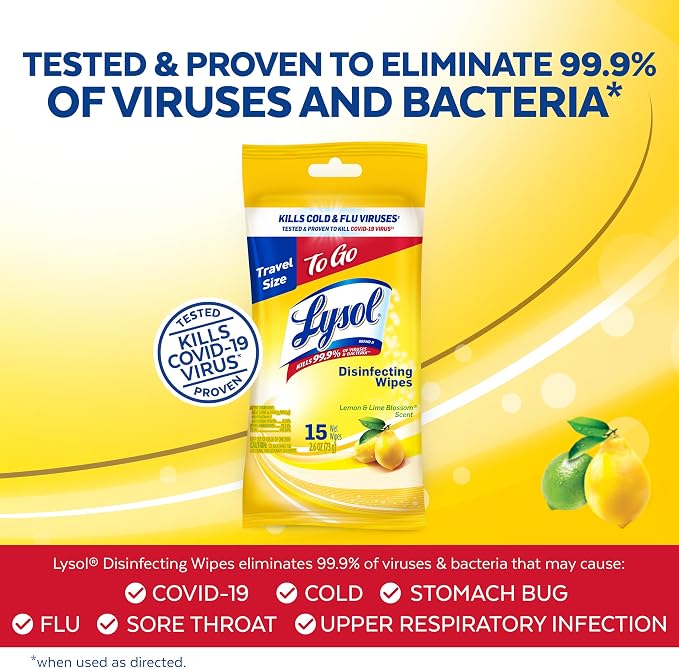 Lysol Disinfecting Wipes To-Go Pack, Lemon Scent, 15 Count (Pack of 2)