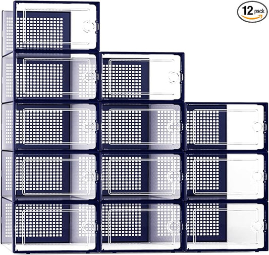 Kuject X-Large Shoe Storage Boxes 12 Pack, Clear Stackable Shoe Organizer | Shoe Case for Closet, Entryway & Under-Bed Storage, Drop-Front Design, Space-Saving Solution for Family Organization,Blue