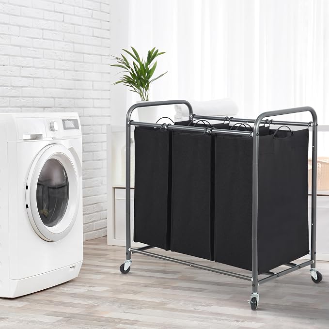 STORAGE MANIAC 3 Section Laundry Sorter, 35.6 Gal (135 L) Laundry Hamper Cart with Heavy Duty Rolling Lockable Wheels and Removable Bags, Clothes Organizer Basket Separator Hamper, Black
