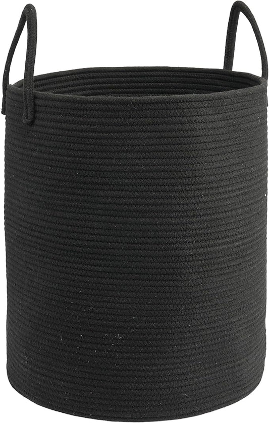 Woven Cotton Rope Laundry Basket, 15" x 20" Laundry Hamper, Black | Rope storage basket for dirty clothes, toys and blankets. Perfect for bathroom, baby nursery and living room storage.
