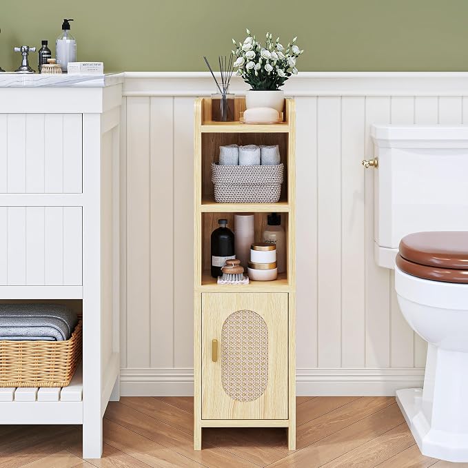 Small Bathroom Storage Cabinet, Narrow and Slim Storage Cabinet with Rattan Door and Adjustable Shelves, Corner Floor Bathroom Organizers and Storage for Small Space, Natural HSC001N