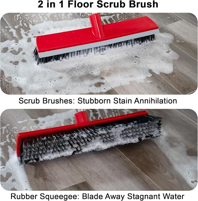 15.7 Inch Floor Scrub Brush Removable Stainless Steel Handle 2 in 1 Scrape Brush Stiff Bristle Shower Scrubber for Cleaning Patio Bathroom Garage Kitchen Wall Deck Tub Tile 52.4 inch Tall