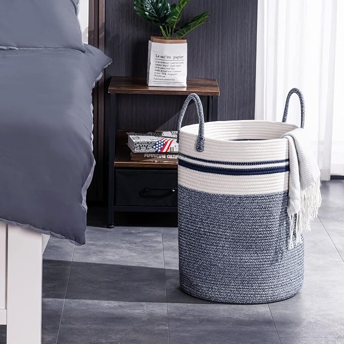 Woven Rope Laundry Hamper Basket by YOUDENOVA, 58L Tall Luandry Basket, Baby Nursery Hamper for Blanket Storage in Bedroom-Large-Blue | Large Woven Laundry Hamper with Sturdy Handles, Collapsible Home Decor Laundry Basket for Laundry, Clothes, Toys in ...