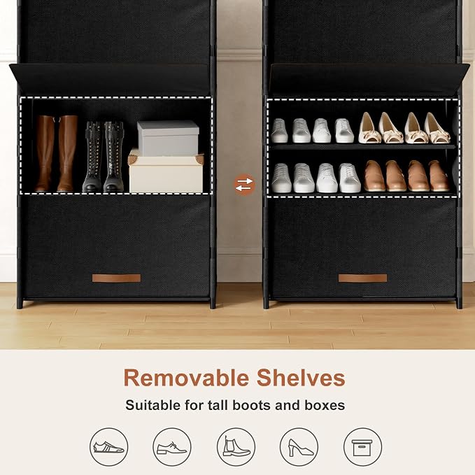 9 Tier Shoe Cabinet with Door, 36-Pair Storage, Black | Max capacity for large families. Door prevents dust & pet damage. Holds all shoe types. Easy connector assembly.