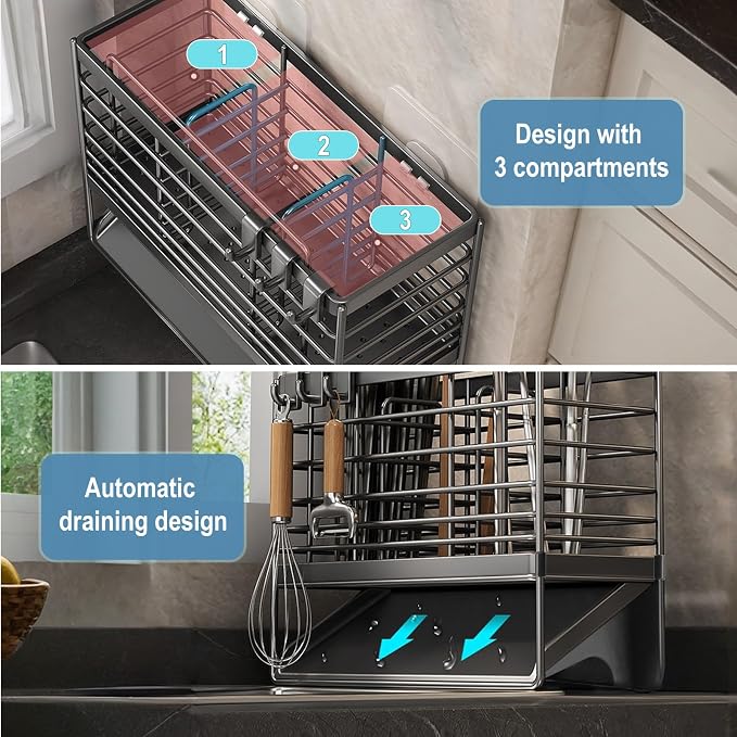 Utensil Holder, Stainless Steel Utensil Drying Rack with Plastic Automatic Drain Tray for Kitchen Counter, Compact Silverware Cutlery Drainer Basket for Spoons, Forks, Knifes, Chopsticks Organizer