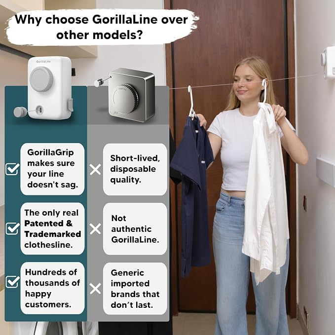 GorillaLine Max - Retractable Clothesline Indoor Outdoor Clothes Line - Heavy Duty Clothes Drying Laundry Line - Wall Mounted Drying Rack - Air Dry Clothing - Max Tighten with GorillaGrip