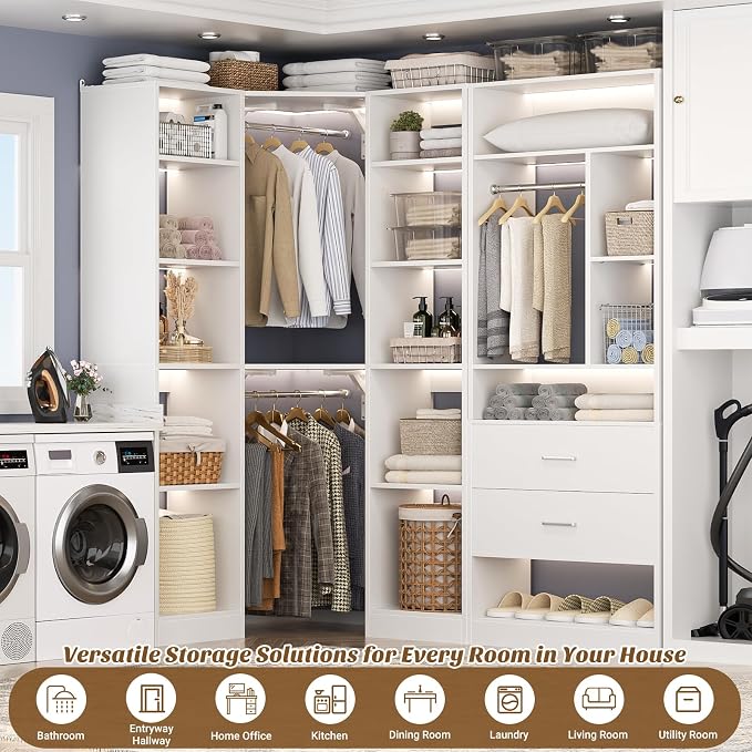 Besiost Corner Closet System with 2 Sets, 63.2" Corner Closet Organizer System with 2 Drawers + 18 Shelves + 3 Hanging Rods, Reversible L Shaped Walk-in Closets, White (63.2" L x 39.2" W x 80" H)