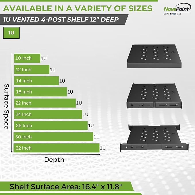 Vented 4-Post Shelf, Adjustable, Black, 300 mm Depth, 1U, 242 lbs, Cold Rolled Steel
