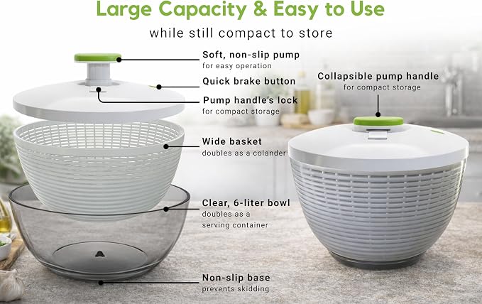 Brieftons Large 6.2-Quart Collapsible Salad Spinner: Manual One-Handed Pump Vegetable Washer Dryer Drainer Strainer, BPA-Free Bowl, Basket Colander & Lid, Compact Storage, for Greens Herbs Fruits