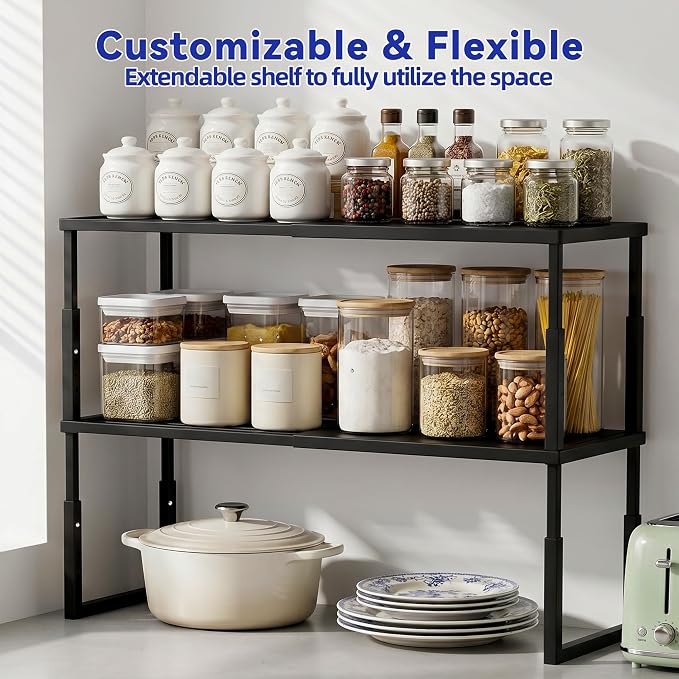 2 Packs Expandable Cabinet Shelf Organizer, Stackable Kitchen Countertop Storage Shelves, Heavy Duty Adjustable Pantry Organizer Rack for Cabinet, Cupboard, Under Sink & Spice Storage