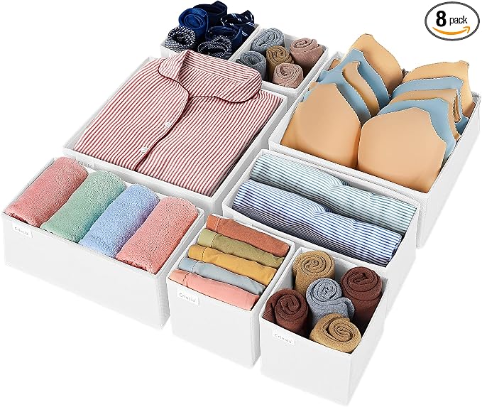 Criusia Drawer Organizer Clothes, 8 Pack Underwear Drawer Organizer, Foldable Closet Organizers and Storage Dresser Drawer Dividers for Clothes, Socks, Scarves, Ties (White)