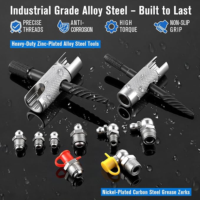 Dreyoo Complete Grease Fitting Replacement Kit, Grease Gun Zerk Fitting Tool & SAE and Metric Zerks & Multi-Tools & Protective caps, Removal Cleaning Tools Assortment