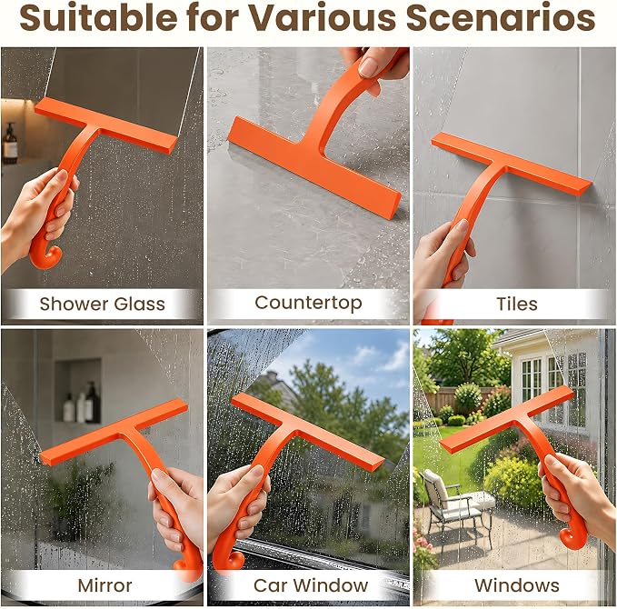 Shower Squeegee for Glass Doors - 10 Inch Bathroom Squeegee with Ergonomic Round Grip, Built-in Hook, Streak-Free No-Squeak Silicone Blade for Shower Glass, Tile Walls, Mirrors & Windows, Orange