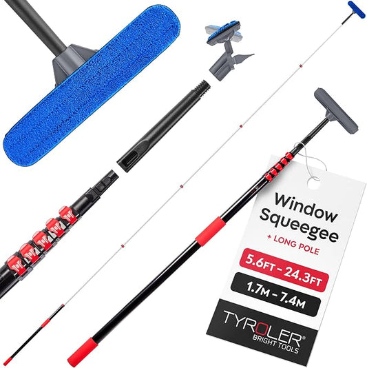 Tyroler Professional Window Squeegee with Extension Pole | Squeegee for Windows Cleaning | Outdoor Window Cleaner Tool, Windows Washing Kit with Extension Pole | Window Cleaning Kit (24.3 feet)