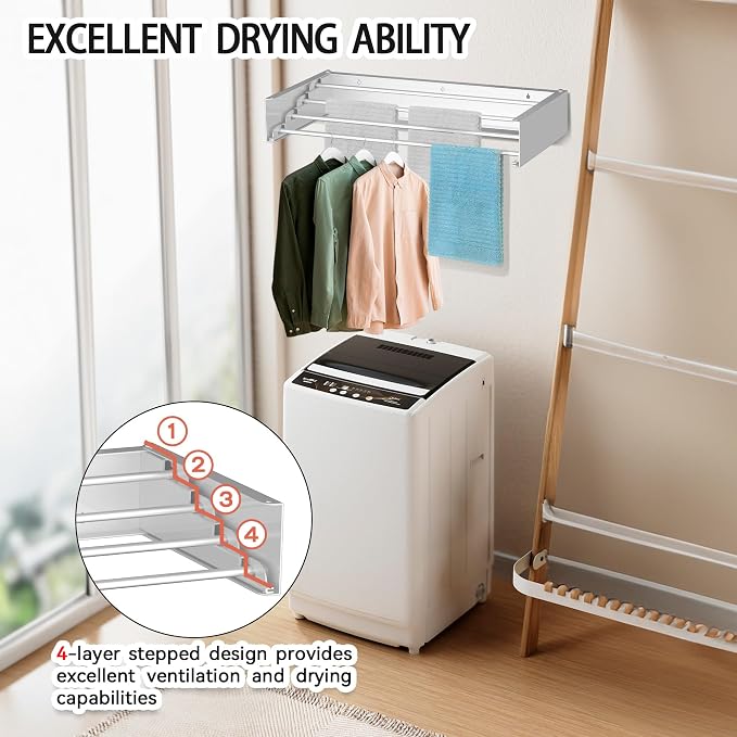 FOCHIER F Laundry Drying Rack Wall Mounted Clothes Drying Rack White,23.6" | Collapsible Drying Rack With 4 Aluminum Rods and Drilling Template Long Screwdriver Bit 60 lbs Capacity
