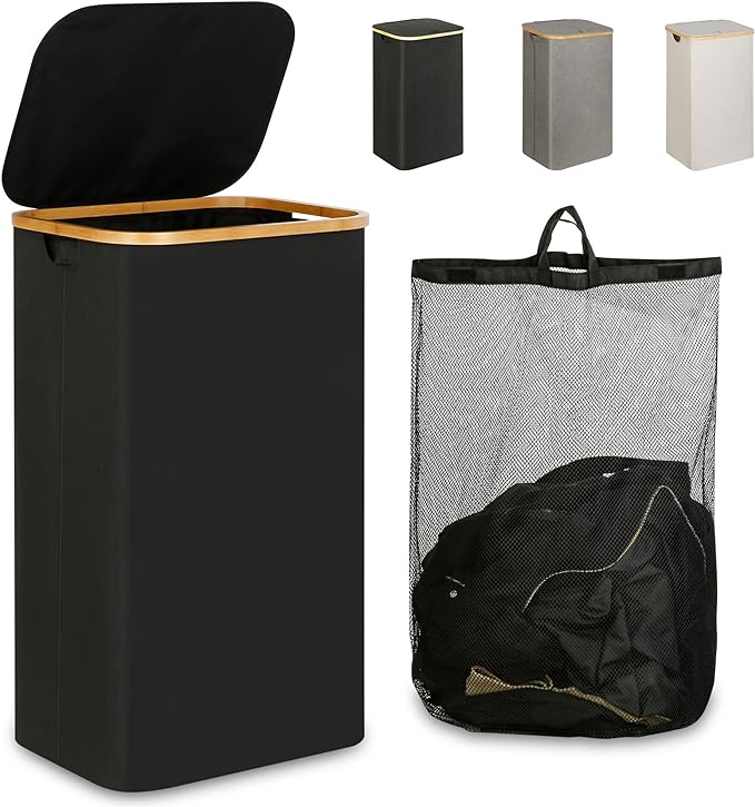 IEGrow Laundry Hamper with Lid, 110L Laundry Basket with Bag,Black | Dirty Clothes Hamper Basket with Bamboo Handle for Clothes Towels Organization