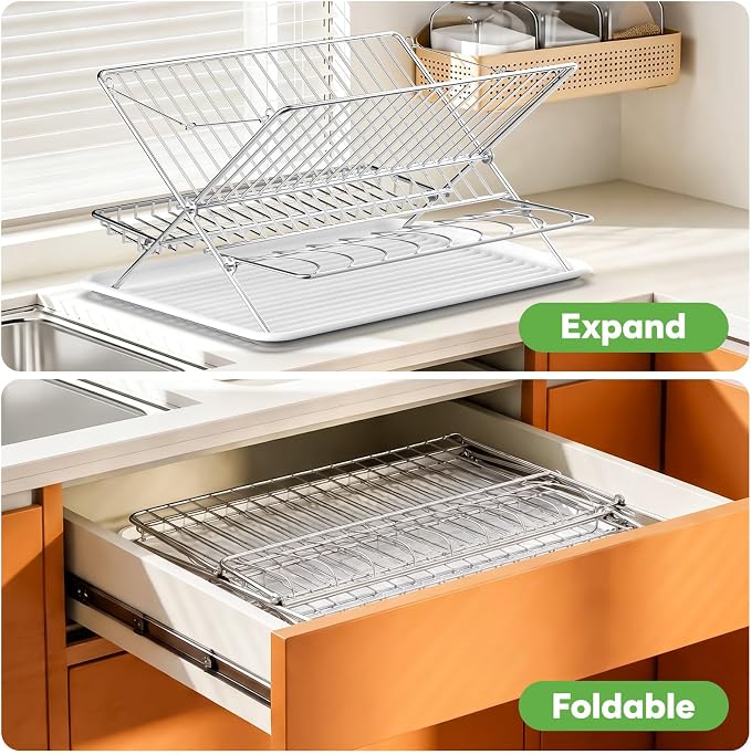 Stainless Steel Foldable Dish Drying Rack, 3 Tier Large Capacity Collapsible Folding Dish Drainer with Drainboard for Kitchen Counter (Upgraded)