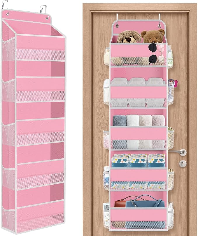 SpaceHacks 5-Tier Over The Door Organizer Hanging Storage Organizers with Clear Window 40lb Large Capacity Room Organizer for Pantry Bathroom Nursery Closet(Pink)