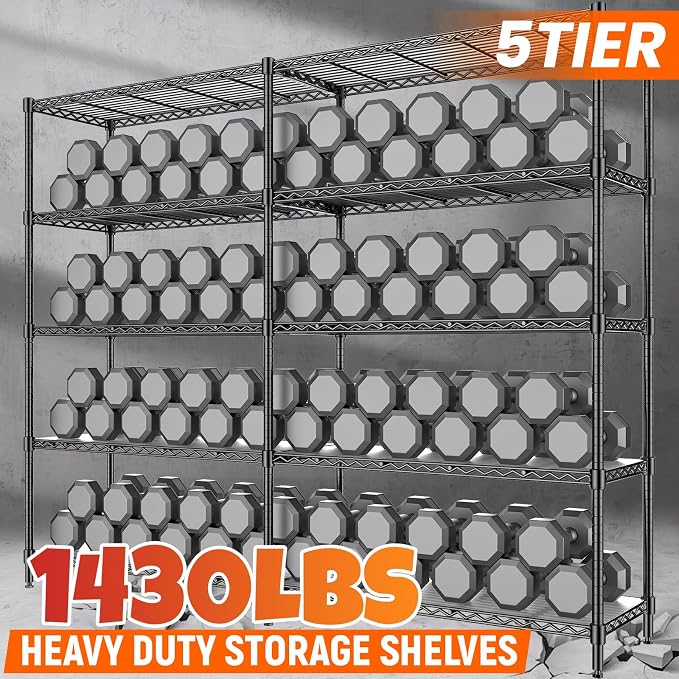 70" W Storage Shelves 1430 LBS Heavy Duty Wire Shelving, 5 Tier Adjustable Metal Garage Shelving, Pantry Kitchen Storage Rack with Liners, DIY L-Shaped Corner Shelf, 70" W x 16" D x 72" H