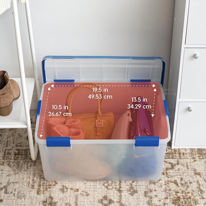 IRIS USA WeatherPro 60 Qt Storage Bins with Lids, 3 Pack, BPA-Free Plastic Gasket Box with Tight Latch and Seal, Stackable Nestable Tote Tub - Clear/Blue