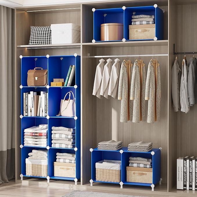 AWTATOS Cube Storage Organizer Closet Organizers 12 Cube Storage Shelves | Protable Closet for Kids DIY Stackable Cube Shelves Bookshelf Clothes Organizer for Bedroom, Home, Admiral Blue