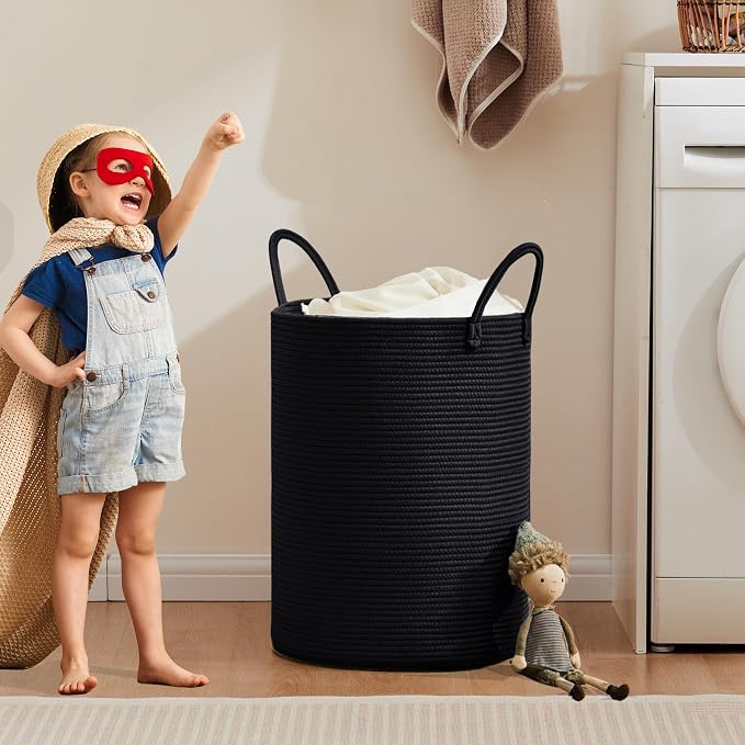 60L Black Hamper Laundry Basket Woven Clothes Hamper Tall | Modern Cotton Rope Blanket Storage Basket in Living Room Bedroom 15Dx20H inches