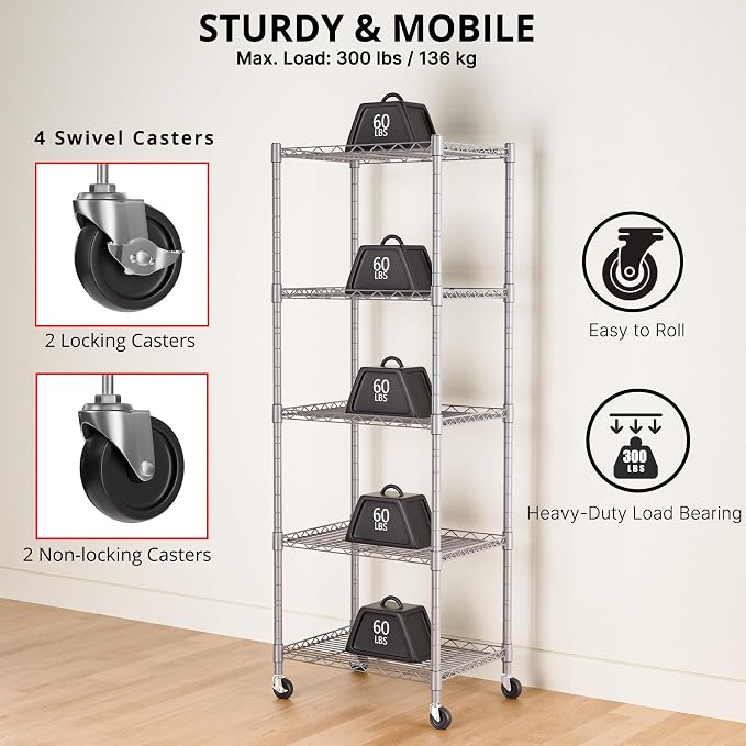 REGILLER 5-Wire Shelving Metal Storage Rack Adjustable Shelves,Standing Storage Shelf Units for Laundry Bathroom Kitchen Pantry Closet(Silver,11.8" D x 16.6" W x 53.5" H,With Wheels)