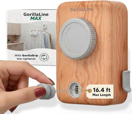 GorillaLine Max – Retractable Clothesline Indoor Outdoor, Non-Sagging Heavy Duty Clothes Drying Line, Wall Mounted Drying Rack, Air Dry Clothing, Max Tighten with GorillaGrip