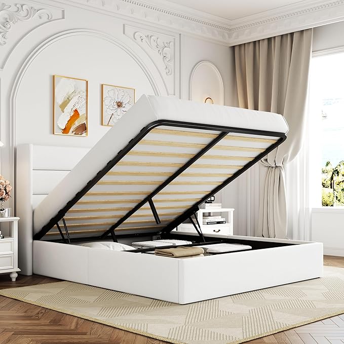 Allewie Full Size Lift Up Hydraulic Storage Bed Frame White | Modern Wingback Headboard, Hydraulic Support Storage, No Box Spring Needed